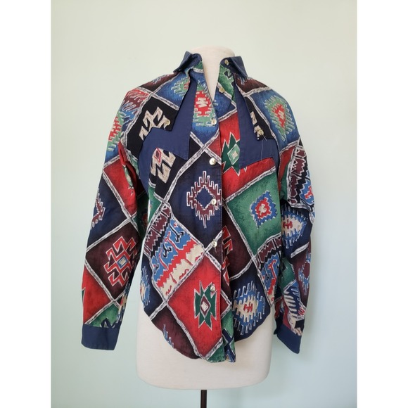 VTG 80's Roughrider Circle T Women's M Shirt Western Cowgirl Aztec Southwest - Picture 2 of 6